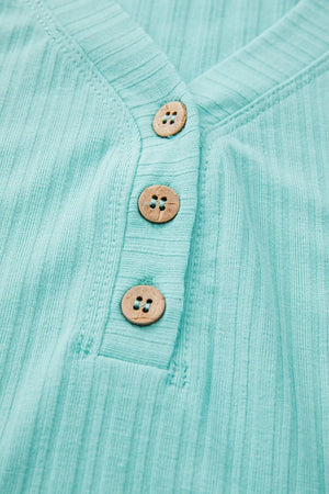 Ribbed Tiffany Blue Henley tank top with three wooden buttons and V-neck detail.