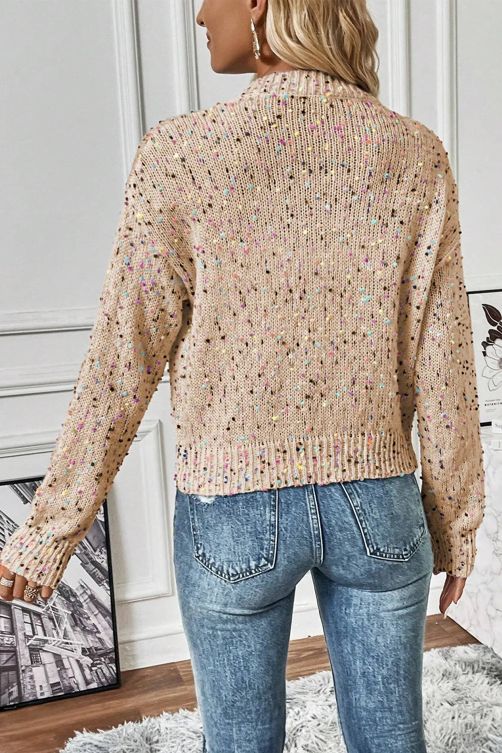 Confetti knit button-up cardigan in beige with colorful speckles, crew neck, and long sleeves.