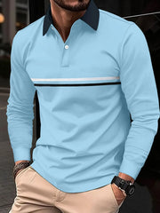 Pastel blue long sleeve polo with contrast collar and chest stripe detail