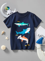 Navy cotton crew neck t-shirt with three colorful sharks and small yellow fish print.