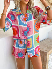 Coastal Tile Print Co-ord Set with button-up shirt and shorts in multicolor sun pattern