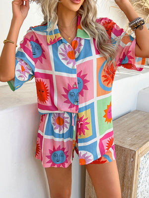 Coastal Tile Print Co-ord Set with button-up shirt and shorts in multicolor sun pattern