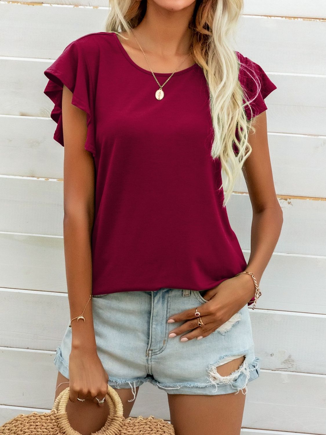 Deep Red ruffled sleeve A-line tee with round neckline.