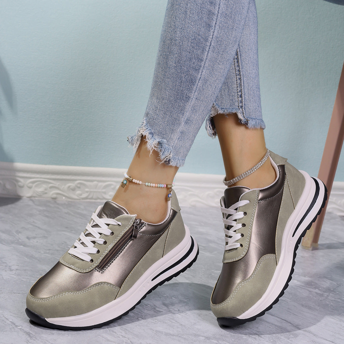 Zipper detail lace up sneakers in champagne with chunky sole and white laces.