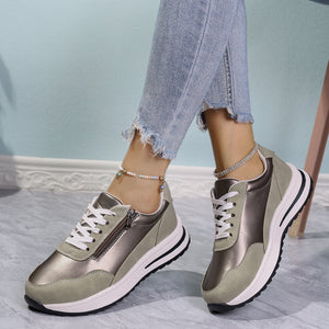 Zipper detail lace up sneakers in champagne with chunky sole and white laces.