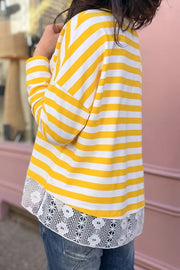 Striped Lace Patchwork V Neck Long Sleeve Shirt in Pastel Yellow, side view