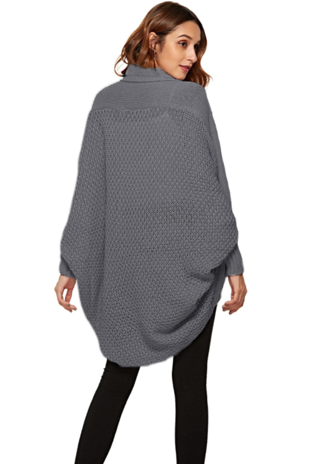Light gray cocoon knit cardigan with shawl collar and batwing sleeves.