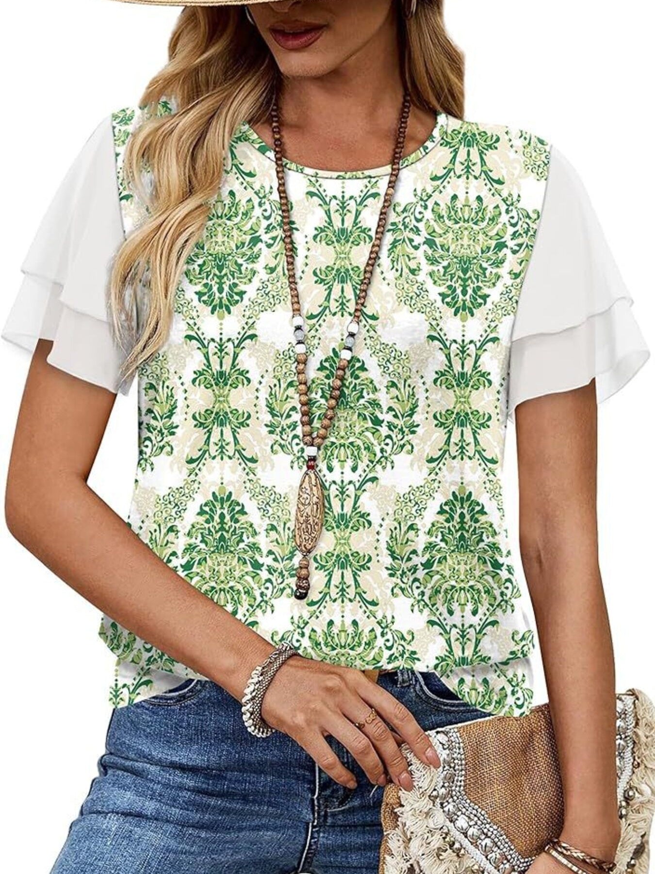 Green damask print t-shirt with white layered ruffled short sleeves.