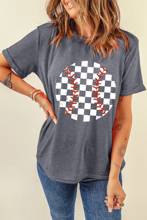 Dark gray t-shirt with a checkered baseball graphic and rolled sleeves.
