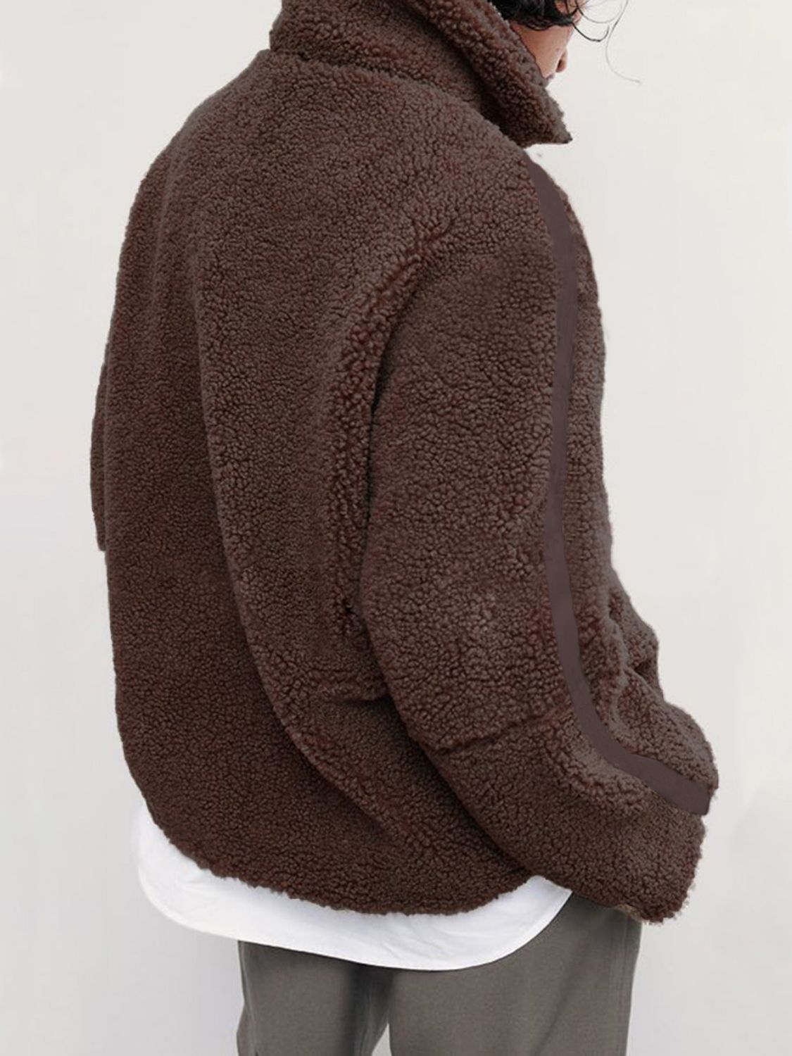 Dark Brown teddy fleece zip-up jacket with contrast piping detail on sleeve.