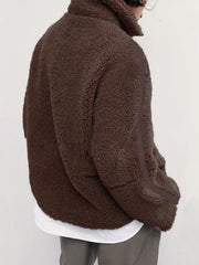 Dark Brown teddy fleece zip-up jacket with contrast piping detail on sleeve.