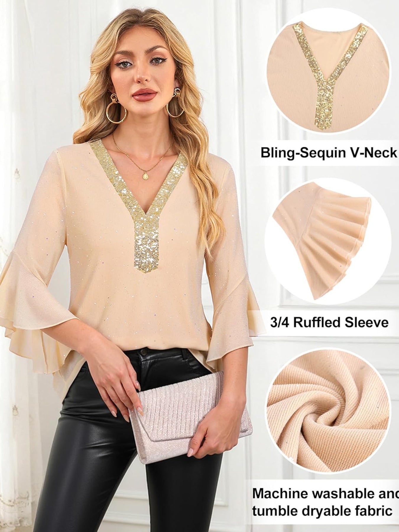 Apricot sequin v-neck blouse with 3/4 ruffled sleeves.