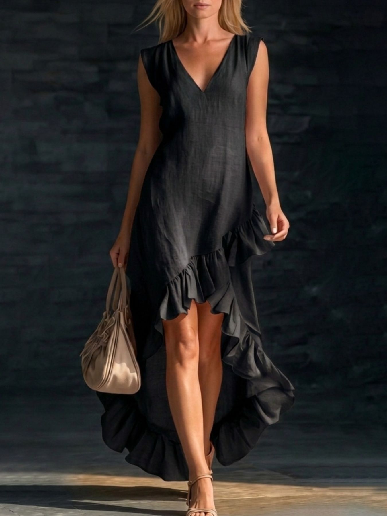 Black high-low ruffle hem dress with V-neck and cap sleeves.