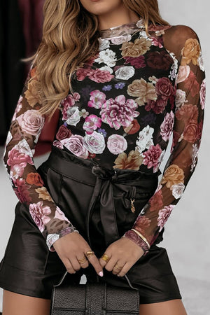 Black mesh second-skin top with a romantic floral print and mock neckline.