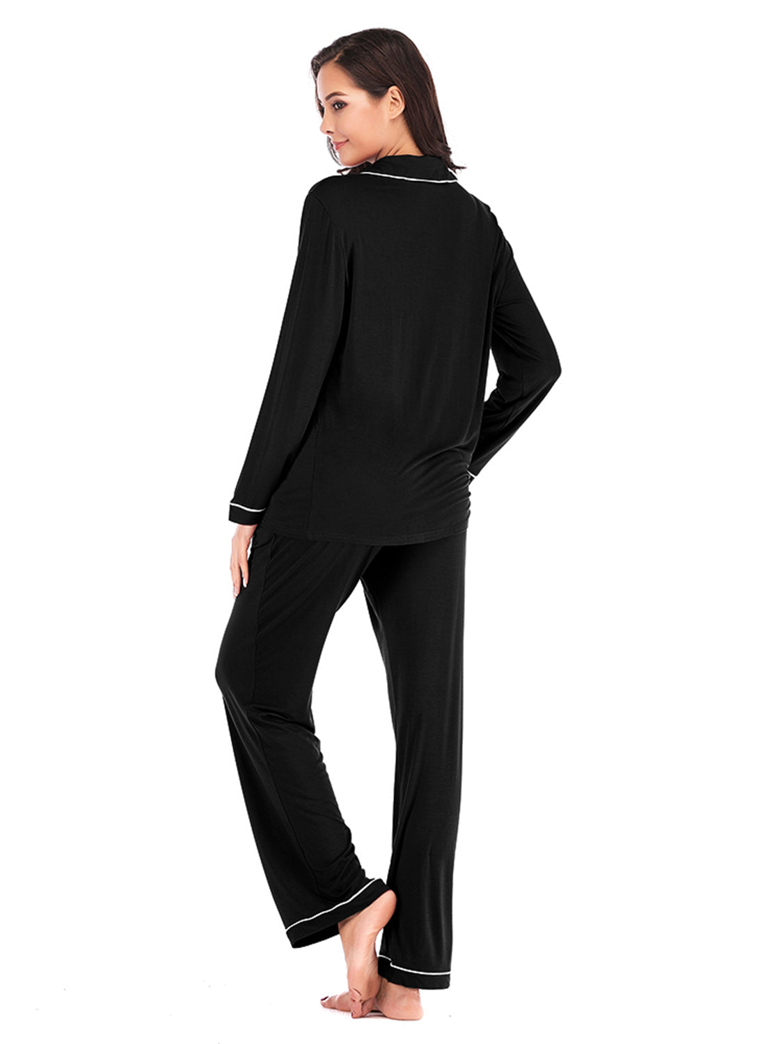 Black piped trim pajama set with long sleeves and pants