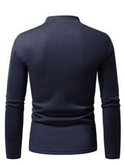 Men's navy blue long sleeve waffle knit undershirt with a mock neck.