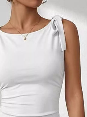 White bow-tied shoulder tank top with boat neckline and slim fit