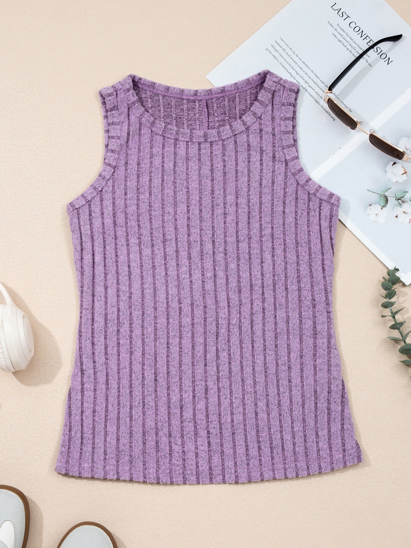 Slim ribbed tank top in purple with a crew neck and sleeveless design.