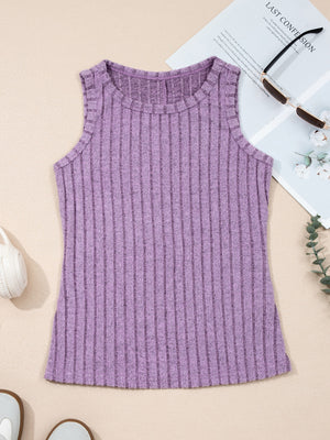 Slim ribbed tank top in purple with a crew neck and sleeveless design.