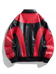 Red and black faux leather bomber jacket with colorblock detail and ribbed cuffs.