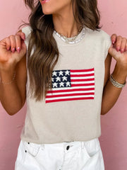 Beige knit sweater vest with American flag design, crew neck, sleeveless.
