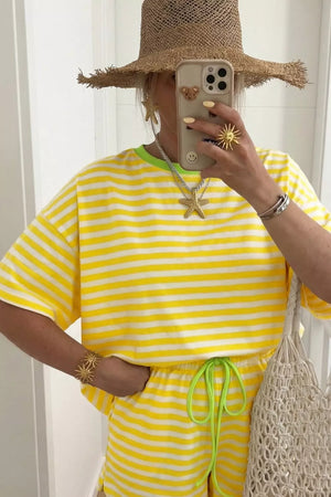 Yellow and white striped cotton two-piece set with neon drawstring shorts and t-shirt.