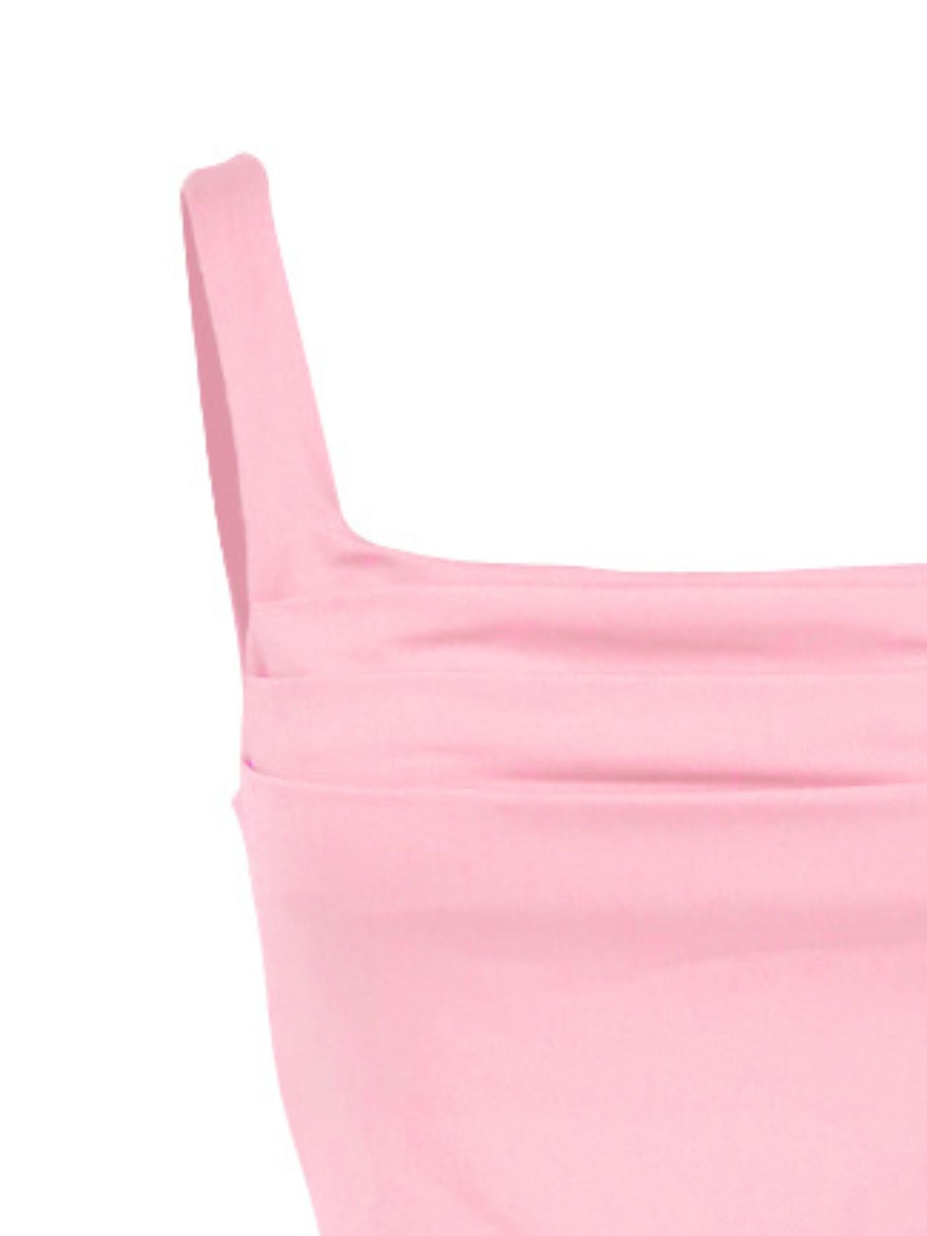 Pink ruched square neck fitted tank top with a wide strap.