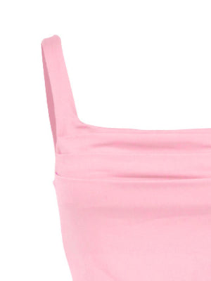 Pink ruched square neck fitted tank top with a wide strap.
