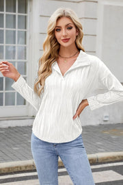 White long sleeve collared blouse with wave-effect texture