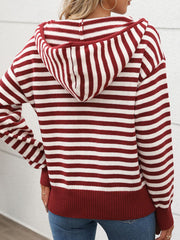 Burgundy striped zip-neck hooded knit sweater with ribbed cuffs and hem.