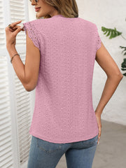 Dusty Pink eyelet cap sleeve blouse with lace trim and textured pattern.