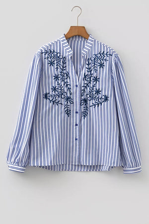 Stripe Embroidered Button Front Long Sleeve Shirt, model styling view