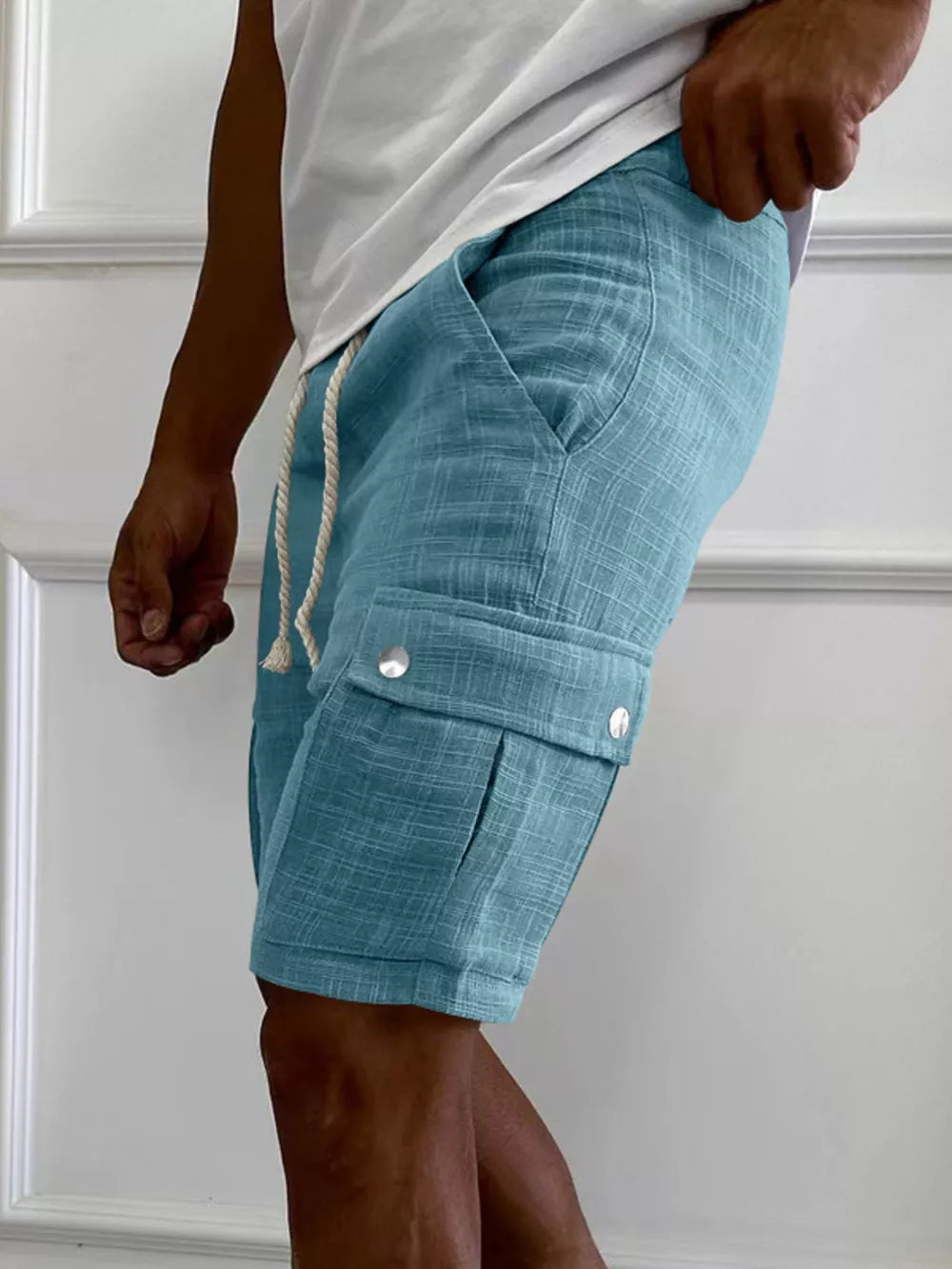 Men's Full Size Drawstring Casual Cargo Shorts in Light Gray, front view