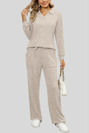Ribbed knit lounge set in tan with collar, long sleeves, and wide leg pants.