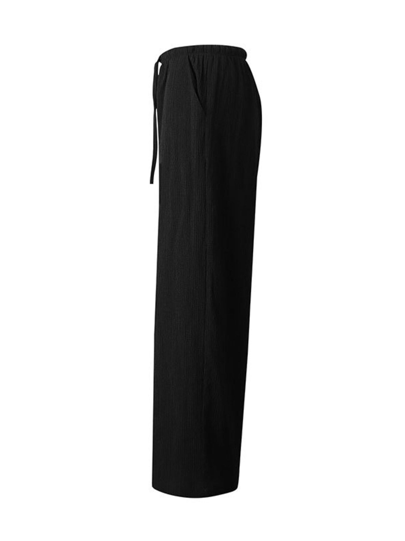 Black crinkled wide-leg drawstring pants with pockets