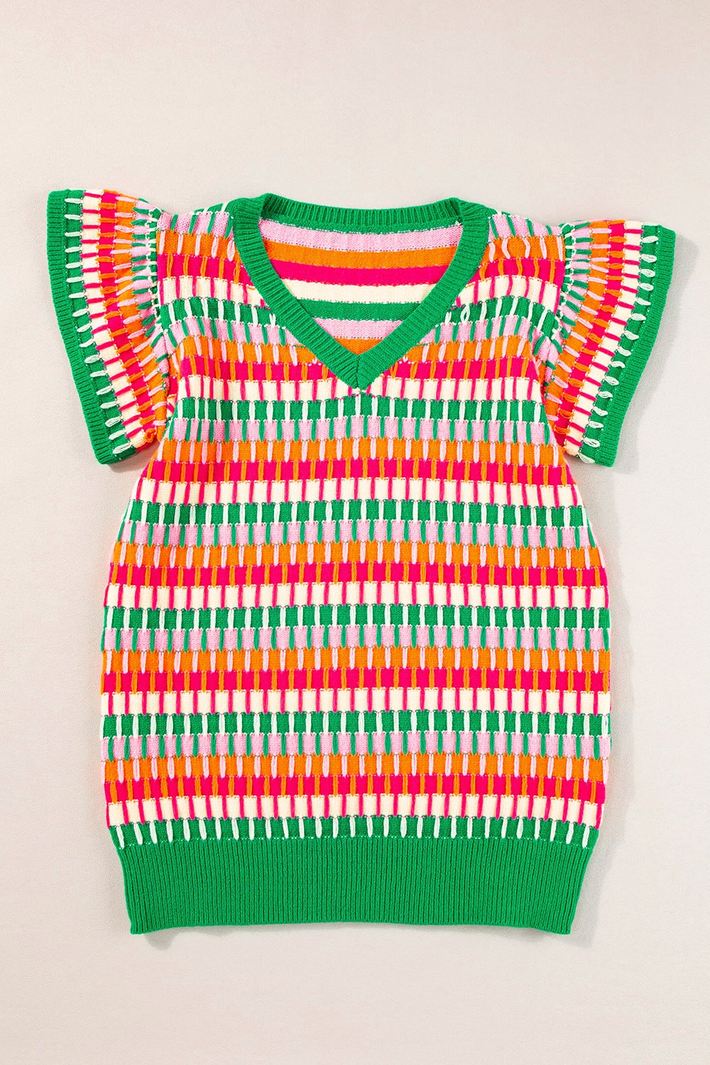 Geometric knit flutter sleeve top in green and orange with a V-neck.