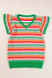 Geometric knit flutter sleeve top in green and orange with a V-neck.
