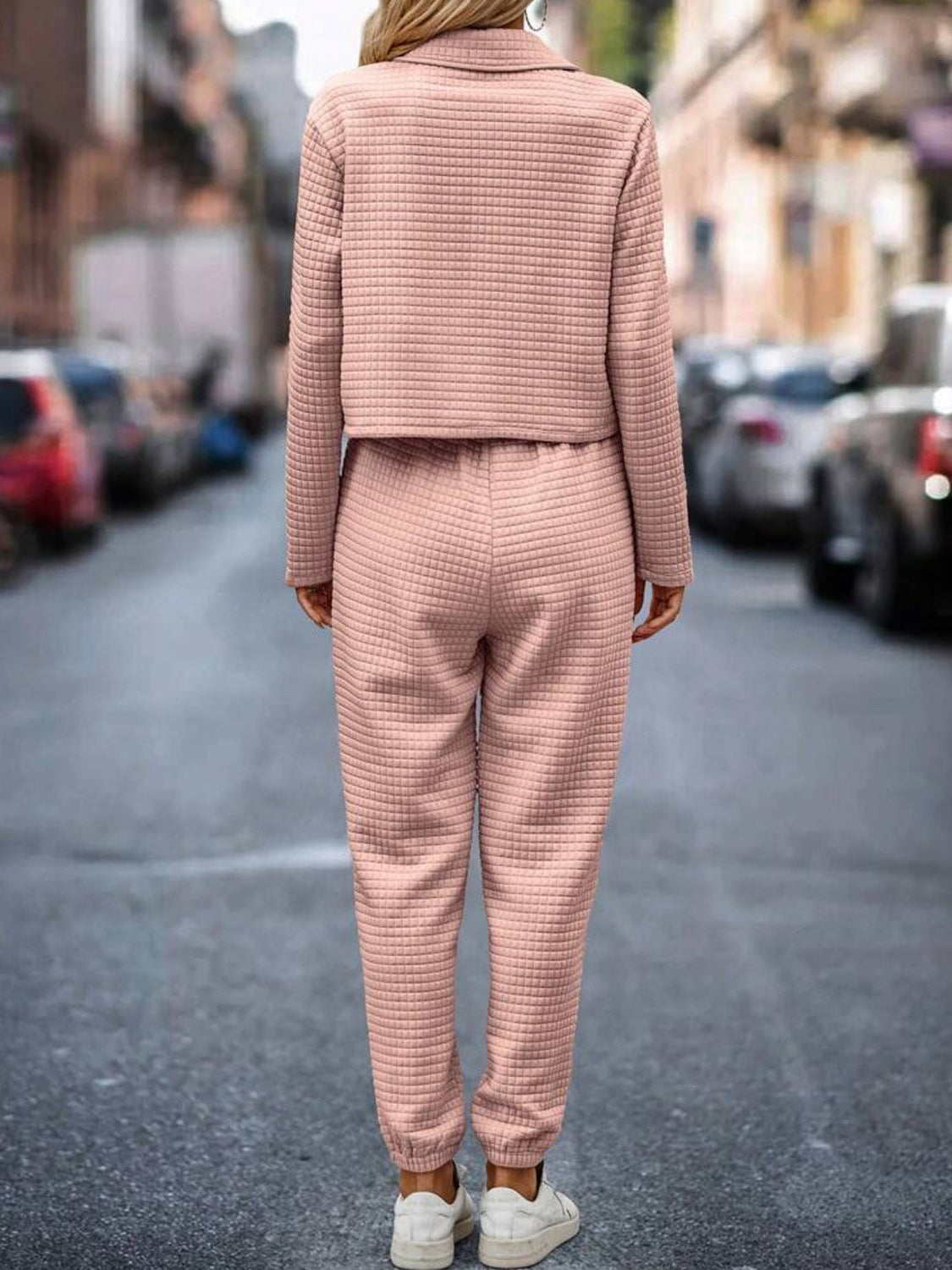 Quilted co-ord set in watermelon pink, featuring a cropped jacket and joggers.