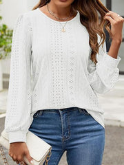 White perforated puff sleeve blouse with eyelet detail