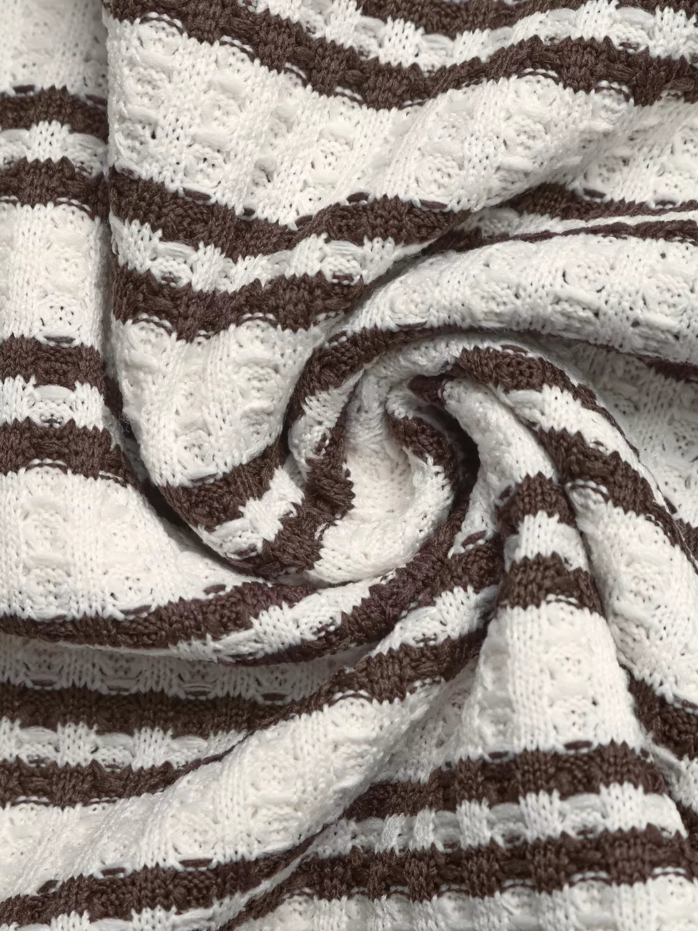 Waffle-knit striped polo t-shirt in brown and cream with open knit details.
