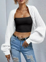 White balloon sleeve cropped knit cardigan with ribbed texture and open front