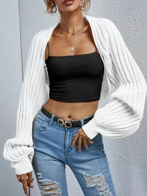 White balloon sleeve cropped knit cardigan with ribbed texture and open front