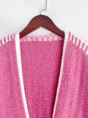 Hot Pink oversized cardigan with white contrast trim and stitching detail.