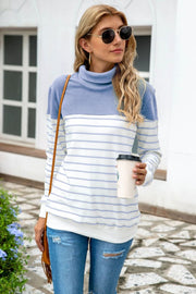 Colorblock stripe turtleneck knit sweater in light blue and white with a cowl neck and long sleeves.