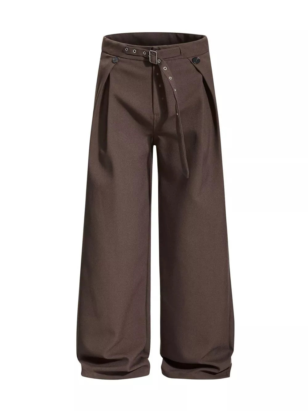 Brown wide-leg sweatpants with a belted waist and pleats.