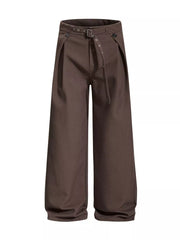 Brown wide-leg sweatpants with a belted waist and pleats.