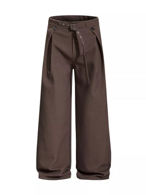 Brown wide-leg sweatpants with a belted waist and pleats.