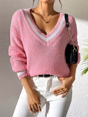 Dusty pink ribbed knit sweater with v-neck and varsity stripes, long sleeves.