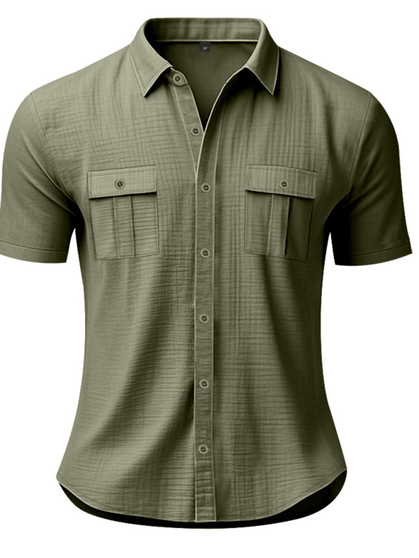 Military green short sleeve button-down shirt with two chest pockets and subtle texture.