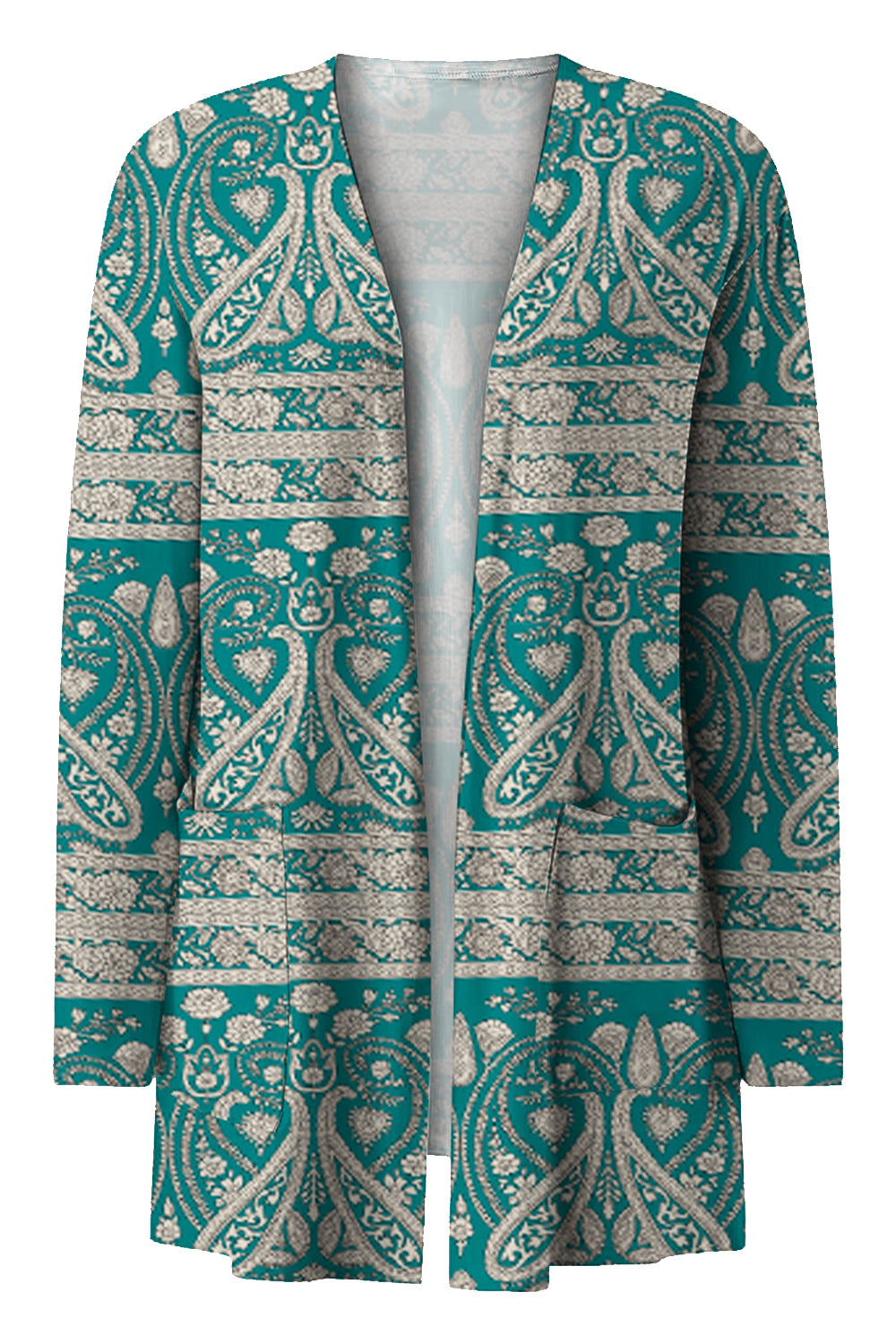 Teal paisley print open-front duster cardigan with long sleeves and pockets.